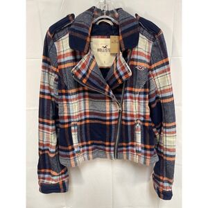 NWT Hollister Plaid Moto Jacket Wool Blend Flannel Navy Orange Full Zip Size M